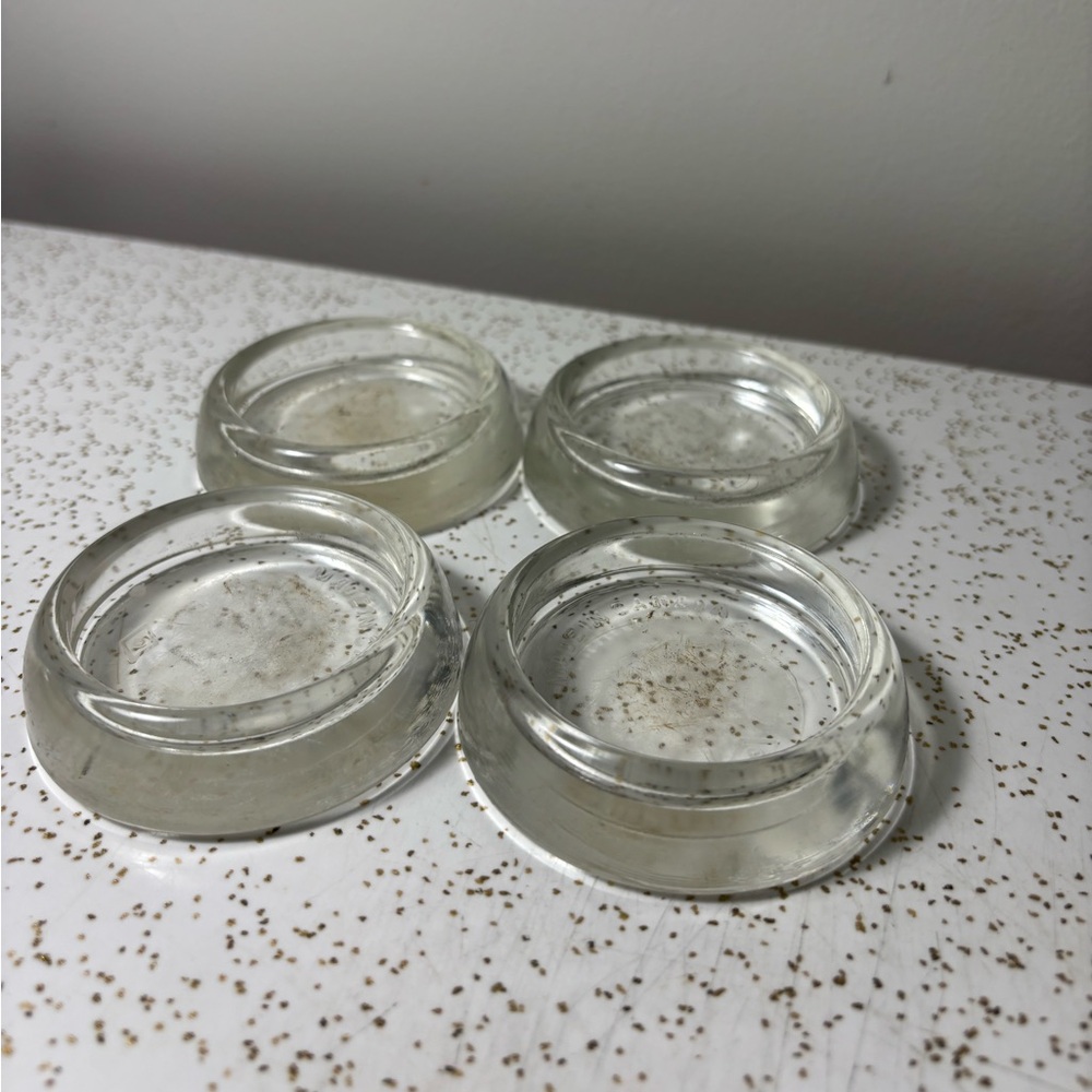 Set of 4 vintage Dominion glass furniture leg floor protectors 3”